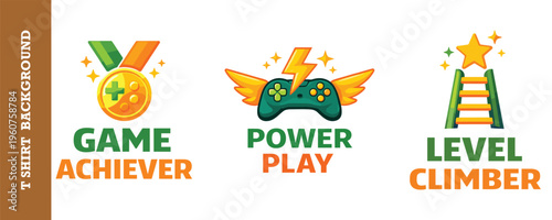 Photos Set of three digital gaming achiever and level climber illustrations for t-shirt