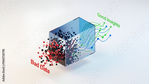 Abstract data filtering illustration showing bad data transforming into good insights