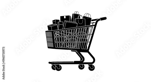 A black and white silhouette illustration of a metal shopping cart filled with various packages Vector, illustration