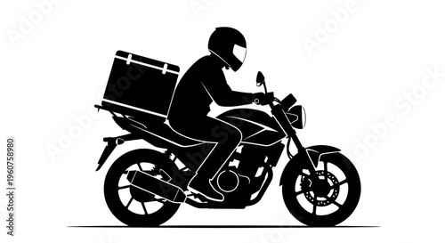 A black and white vector silhouette of a delivery courier riding a motorcycle for rapid transport Vector, illustration