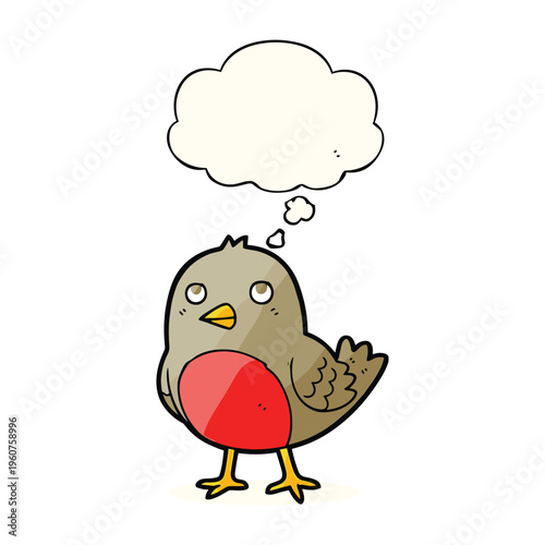 A cartoon drawing of a small, plump robin with a red breast and a thought bubble above its head