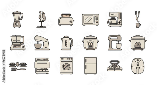 A collection of eighteen minimalist kitchen appliance icons in a clean and uniform vector style Vector, illustration