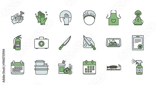 A collection of eighteen vector icons representing food safety and kitchen hygiene protocols daily Vector, illustration