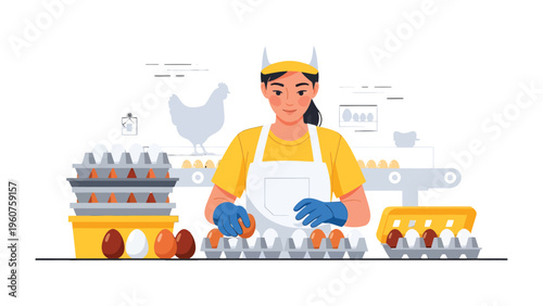 Egg Sorting in the Production Line: A focused worker meticulously sorts fresh eggs on an automated production line, ensuring quality and precision, a display of modern food processing methods.