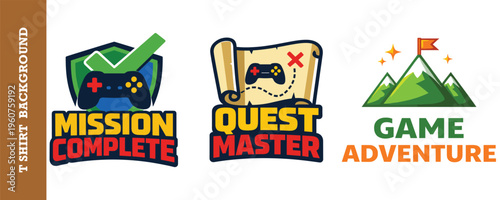 Fotografie Set of three digital gaming mission complete and game adventure illustrations for t-shirt