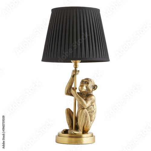 Gold brass table lamp with sculptural monkey base and black pleated shade isolated on transparent background for interior decor use