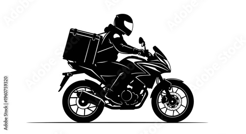 A minimalist black and white silhouette graphic of a motorcycle courier driving a delivery bike Vector, illustration
