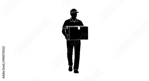 A silhouette illustration of a delivery worker carrying a cardboard box on a plain white background Vector, illustration