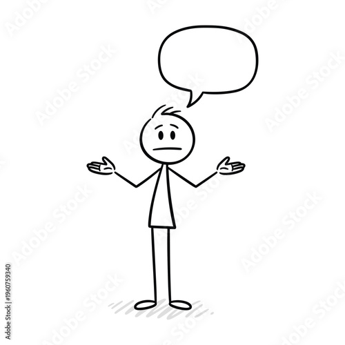 A stick figure shrugging with hands up and a blank speech bubble above its head, representing confusion or a question