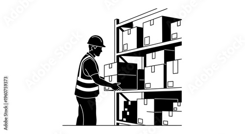A warehouse worker wearing a safety vest and hard hat carefully placing a box on a storage shelf Vector, illustration