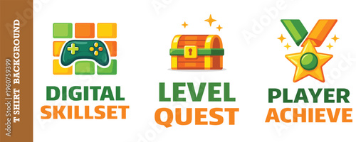 Set of three digital gaming skillset level quest and player achieve illustrations.