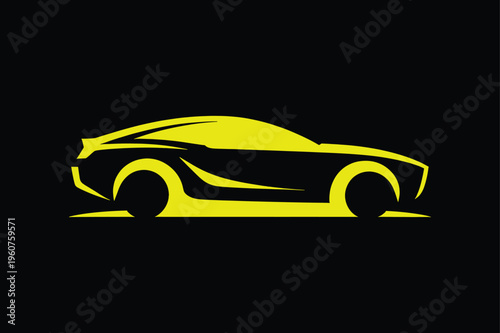 Yellow sports car silhouette on black background vehicle automobile transportation speed racing icon graphic design. Minimalist Car Logo vector