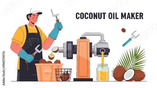 Coconut Oil Production: An illustrated scene of a coconut oil maker producing oil, showcasing the process from start to finish.