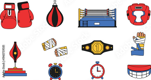 Boxing Equipment Vector Set with Gloves Punching Bag Ring Helmet Belt Timer Mouthguard and Training Gear Isolated on White Background