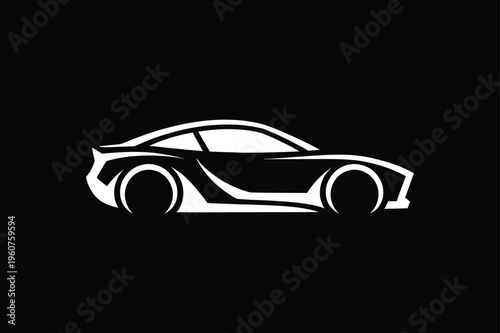 Side view of a sleek sports car in white silhouette on black background vehicle automobile. Minimalist Car Logo vector