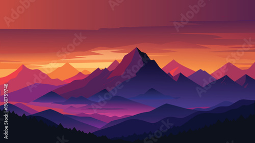 A serene digital landscape painting featuring majestic purple mountain peaks at a vibrant sunset