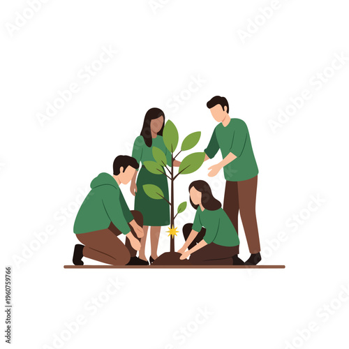 Group of volunteers planting a tree, environmental protection