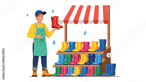 Rainy Day Market: An artisan proudly presents a vibrant array of colorful boots under a striped awning, evoking the charm of a bustling outdoor market on a rainy day.