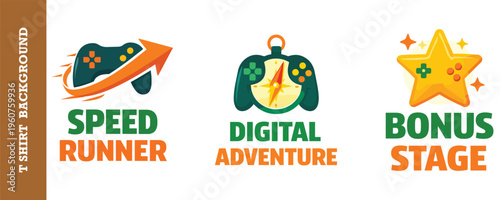 Speed runner and digital adventure badges with bonus stage star and navigation compasses.