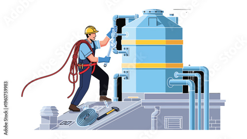 Industrial Engineer in Action: A skilled engineer, helmeted and geared up, meticulously repairs industrial machinery, emphasizing expertise and precision in the technical workplace.