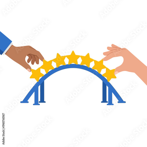Hands connecting stars to create bridge establishing teamwork concept