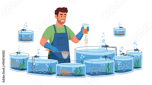 Aquaculture expert tending fish tanks: An aquaculture specialist meticulously tends to a series of aquariums, each teeming with aquatic life, showcasing his expertise in this field of science. 