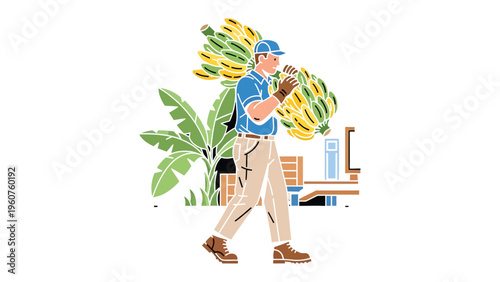 Banana Harvest: A worker is carrying a heavy bunch of bananas across his shoulder, representing the daily life of harvesting and transporting crops.