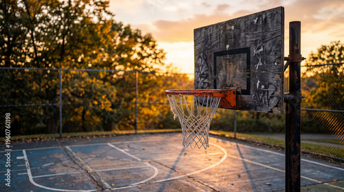 Rustic outdoor basketball hoop at sunset, weathered backboard on an urban street court, nostalgic sports park scene with golden hour lighting