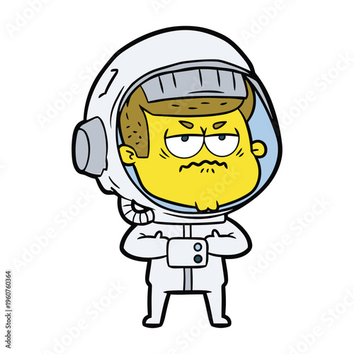 A cartoon illustration of a grumpy astronaut with a mustache, standing with arms crossed