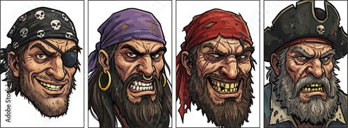 Cartoon Pirate Characters with Bandanas, Eye Patches, and Beards for Various Pirate-Themed Designs