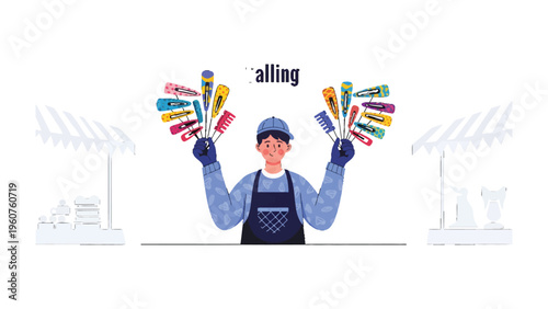 Market Flair: A young vendor expertly displays an array of colorful tools, showcasing the spirit of craftsmanship and commerce. 