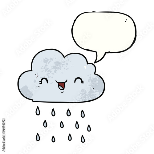 A happy cartoon cloud with a speech bubble, raining cheerfully, isolated on a white background