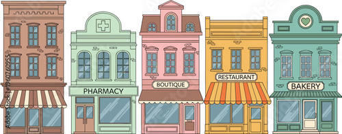 Colorful city street shops set with pharmacy boutique restaurant and bakery buildings detailed vector illustration for urban storefront design