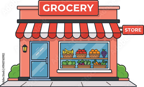Grocery store storefront with fresh fruits and vegetables display colorful vector illustration for retail market and local shop design