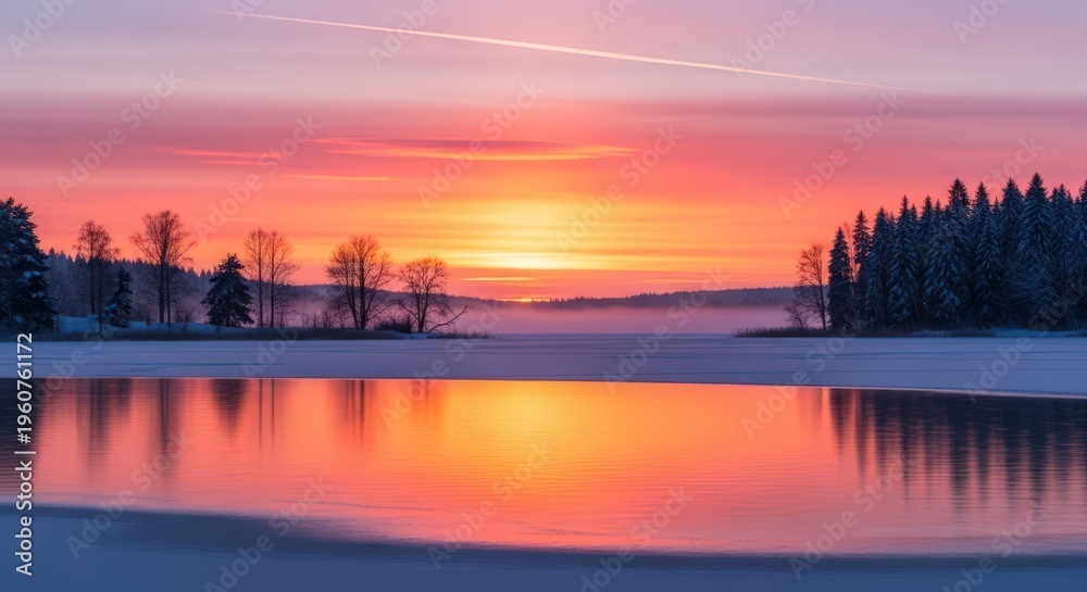 Fototapeta premium Winter Sunset over Frozen Lake with Forest Reflection
