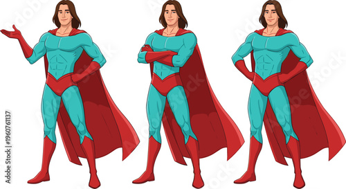 Male superhero character set with different confident poses wearing cape and costume colorful vector illustration for comic and hero design