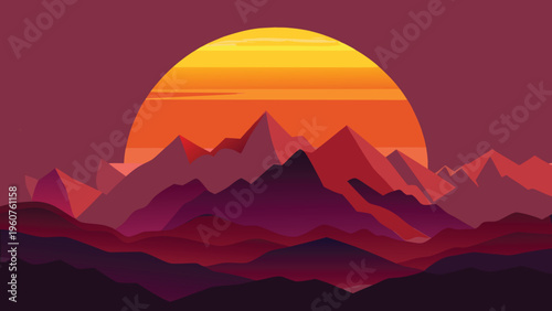 A vibrant digital illustration of a large golden sun setting behind a range of purple mountains