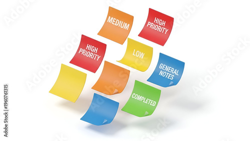 Colorful sticky notes with priority and status labels floating on a white background
