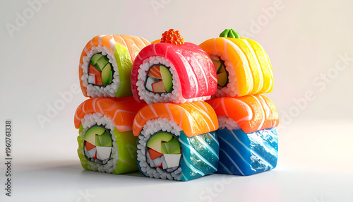 Colorful stacked sushi rolls with salmon avocado and vibrant rice paper toppings