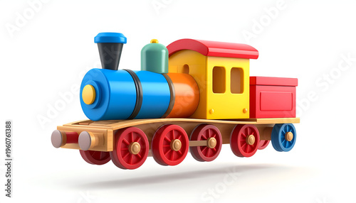 Colorful wooden toy train locomotive 3D render on white background for kids design