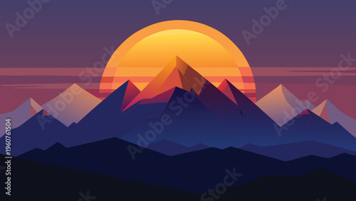 A minimalist flat vector illustration of a majestic mountain range during a vibrant golden sunset