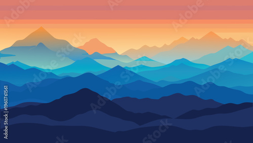 A serene vector illustration of layered mountain silhouettes against a vibrant sunset sky background