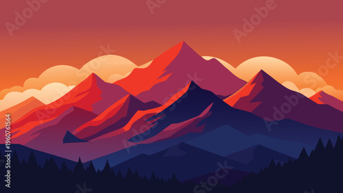 A vibrant digital illustration of jagged mountain peaks silhouetted against a golden sunset sky
