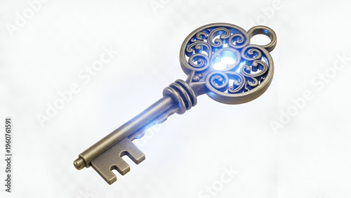 Decorative vintage key with ornate details and a glowing center on a white background