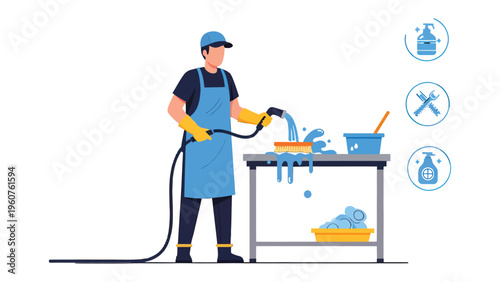 Cleaning Service: A person in professional cleaning attire meticulously attends to the chore of washing a specific item, embodying the essence of sanitation and hygiene, with supporting icons.