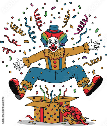 Funny circus clown character popping out of a yellow polka dot gift box with colorful confetti on white background.