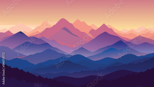 A serene digital illustration featuring layers of majestic mountain peaks at a soft pastel sunset