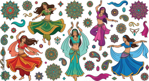 Colorful Dancing Girls with Traditional Indian Costumes and Decorative Patterns and Accessories