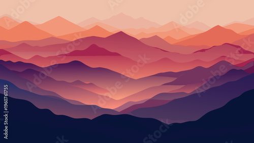 A serene digital illustration of layered mountain ranges under a warm and vibrant sunset sky glow