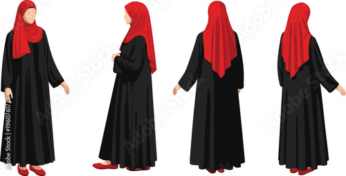 Muslim woman hijab abaya fashion set modest clothing Islamic female outfit traditional dress vector illustration diverse poses front back